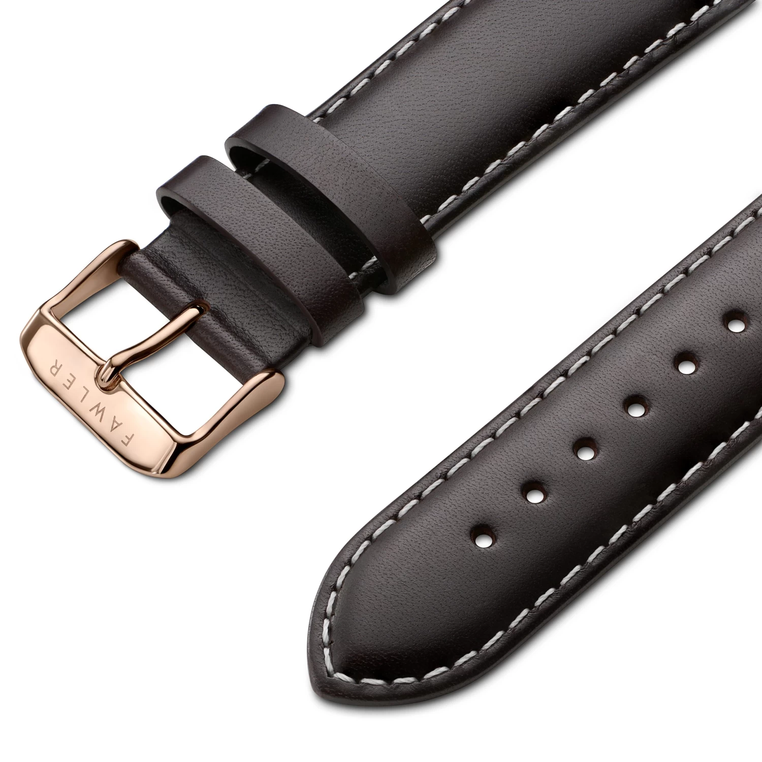 Brown 7/8" (22 Mm) Leather Watch Strap With White Stitching & Rose Gold-tone Buckle - Image 2