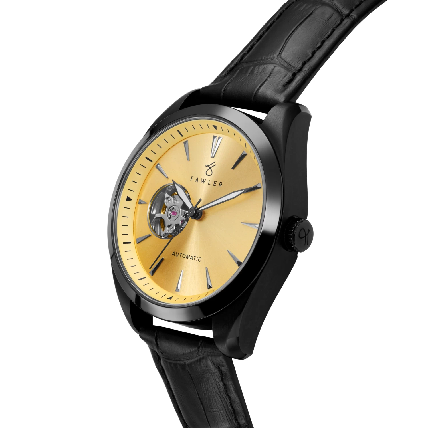 Fenes | Black Open-heart Skeleton Watch With Gold-Tone Dial & Black Leather Strap - Image 2