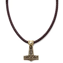 Brown Leather With Gold-Tone Thor's Hammer Necklace
