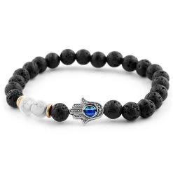 Black Lava Rock & White Turquoise Hamsa Bracelet