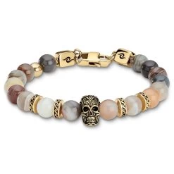 Rico | Botswana Agate & Gold-Tone Stainless Steel Skull Bracelet