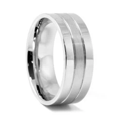8 Mm Silver-Tone Stainless Steel With Cut Grooves Ring