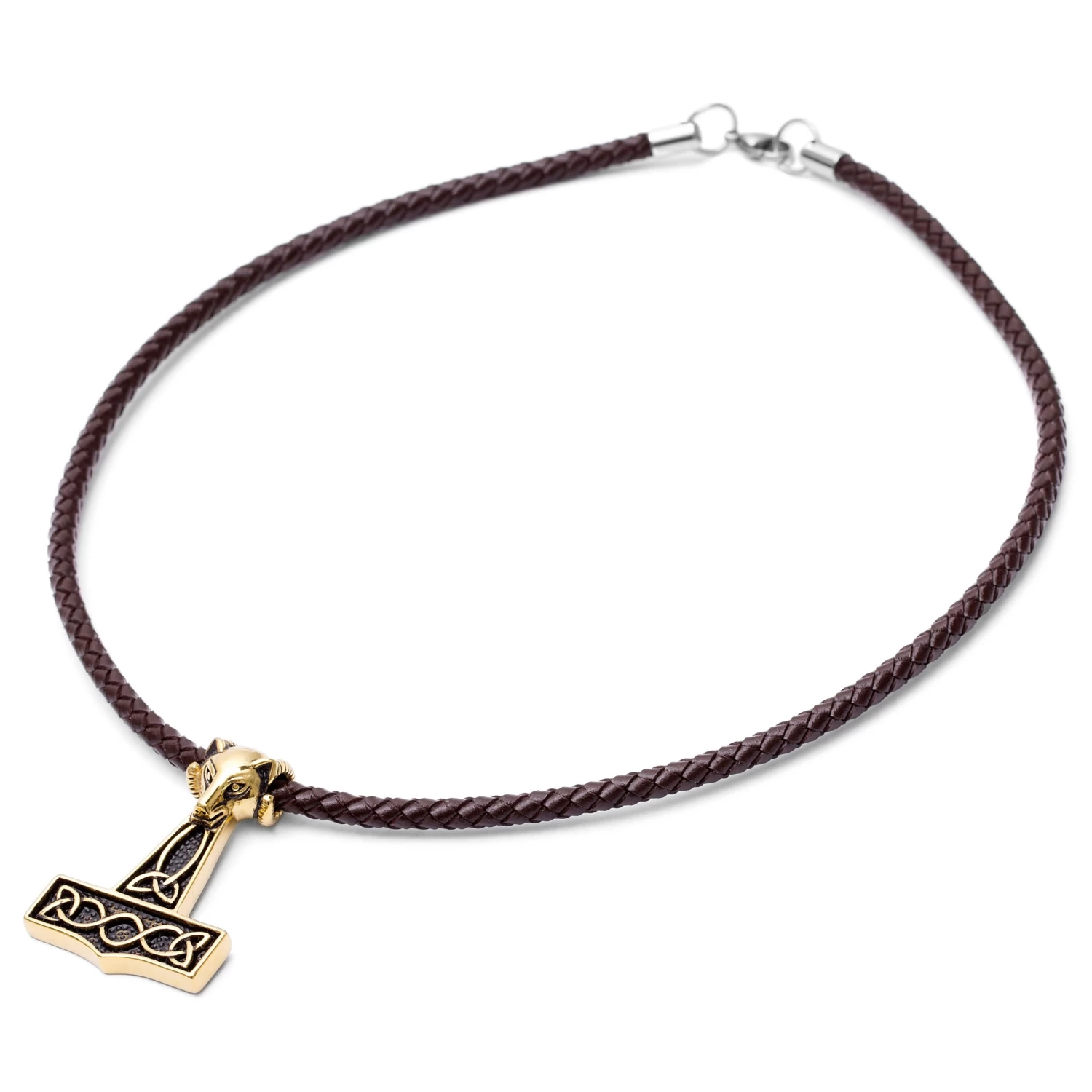 Brown Leather With Gold-Tone Wolf & Thor's Hammer Necklace - Image 3