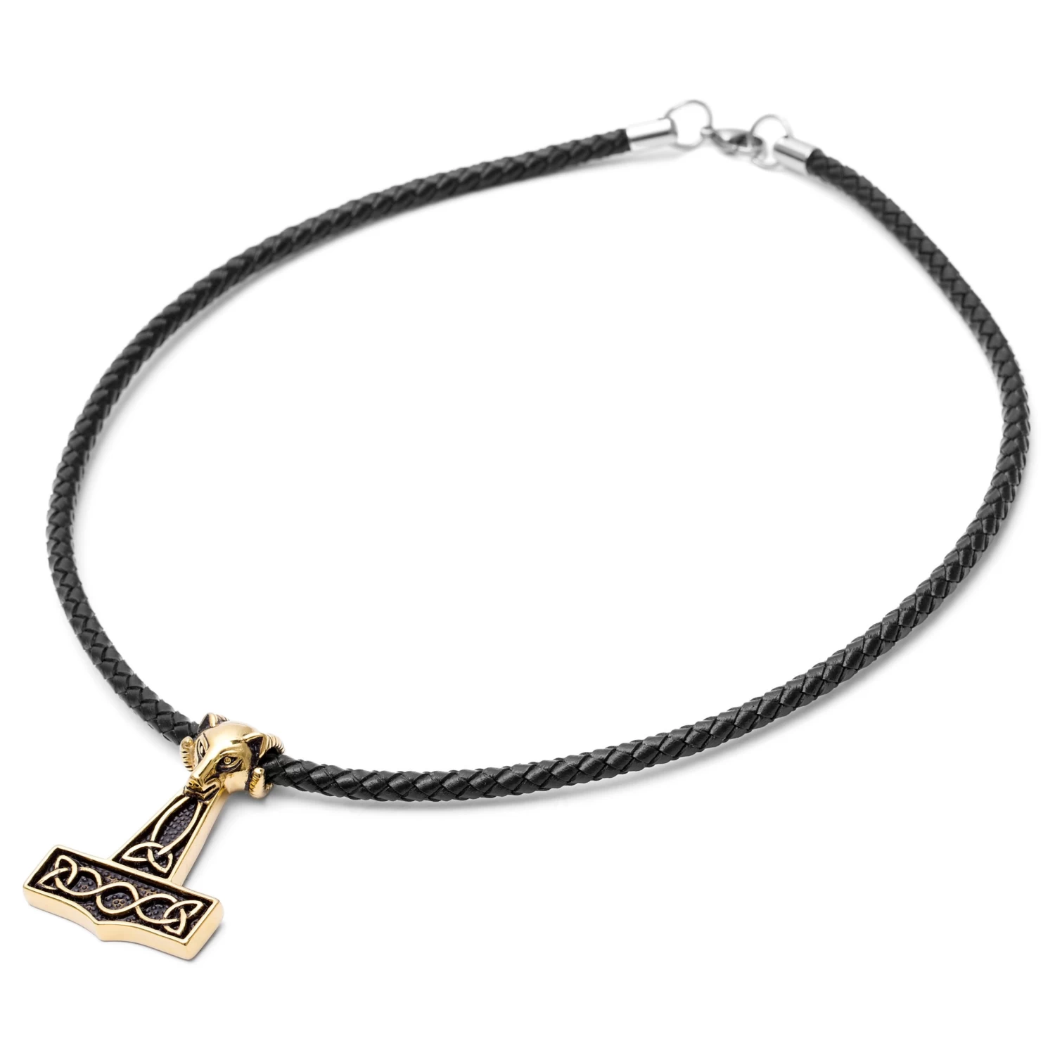 Black Leather With Gold-Tone Wolf & Thor's Hammer Necklace - Image 3