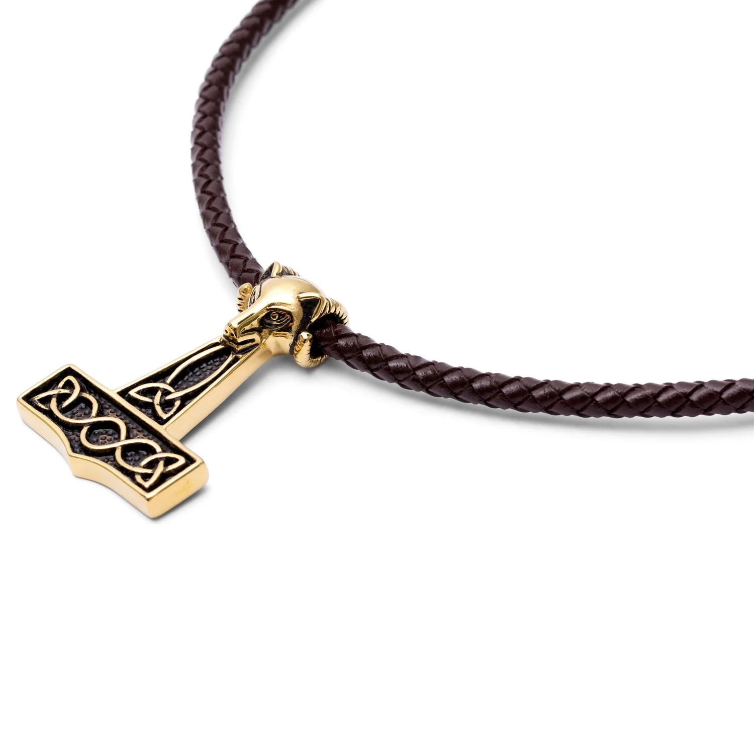 Brown Leather With Gold-Tone Wolf & Thor's Hammer Necklace - Image 4