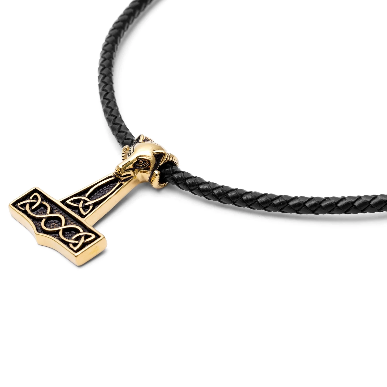 Black Leather With Gold-Tone Wolf & Thor's Hammer Necklace - Image 4