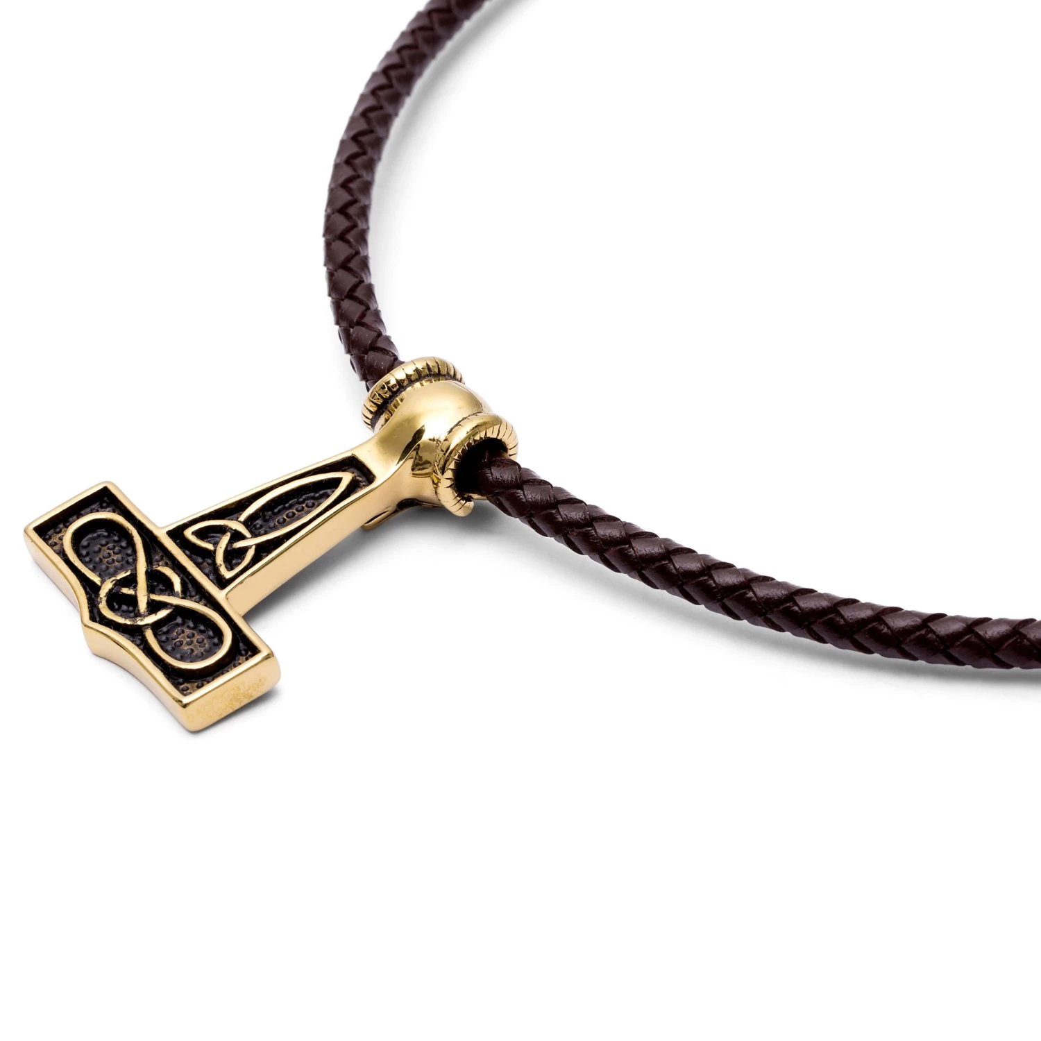 Brown Leather With Gold-Tone Wolf & Thor's Hammer Necklace - Image 2