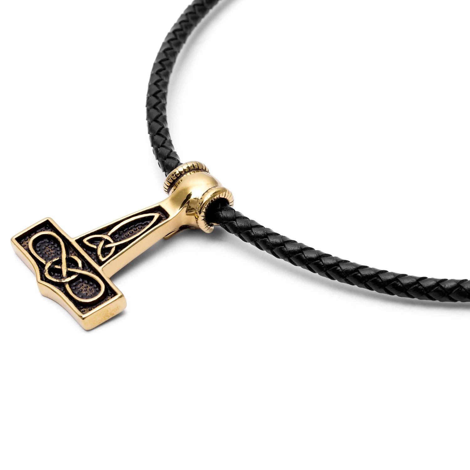 Black Leather With Gold-Tone Wolf & Thor's Hammer Necklace - Image 2