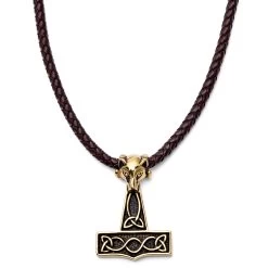 Brown Leather With Gold-Tone Wolf & Thor's Hammer Necklace