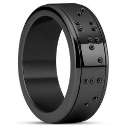 Enthumema | 1/3" (8 Mm) Black Stainless Steel Braille ‘Exhale’ Fidget Ring