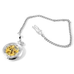 Silver-Tone Mechanical Pocket Watch With Gold-Tone Movement & Silver-Tone Chain