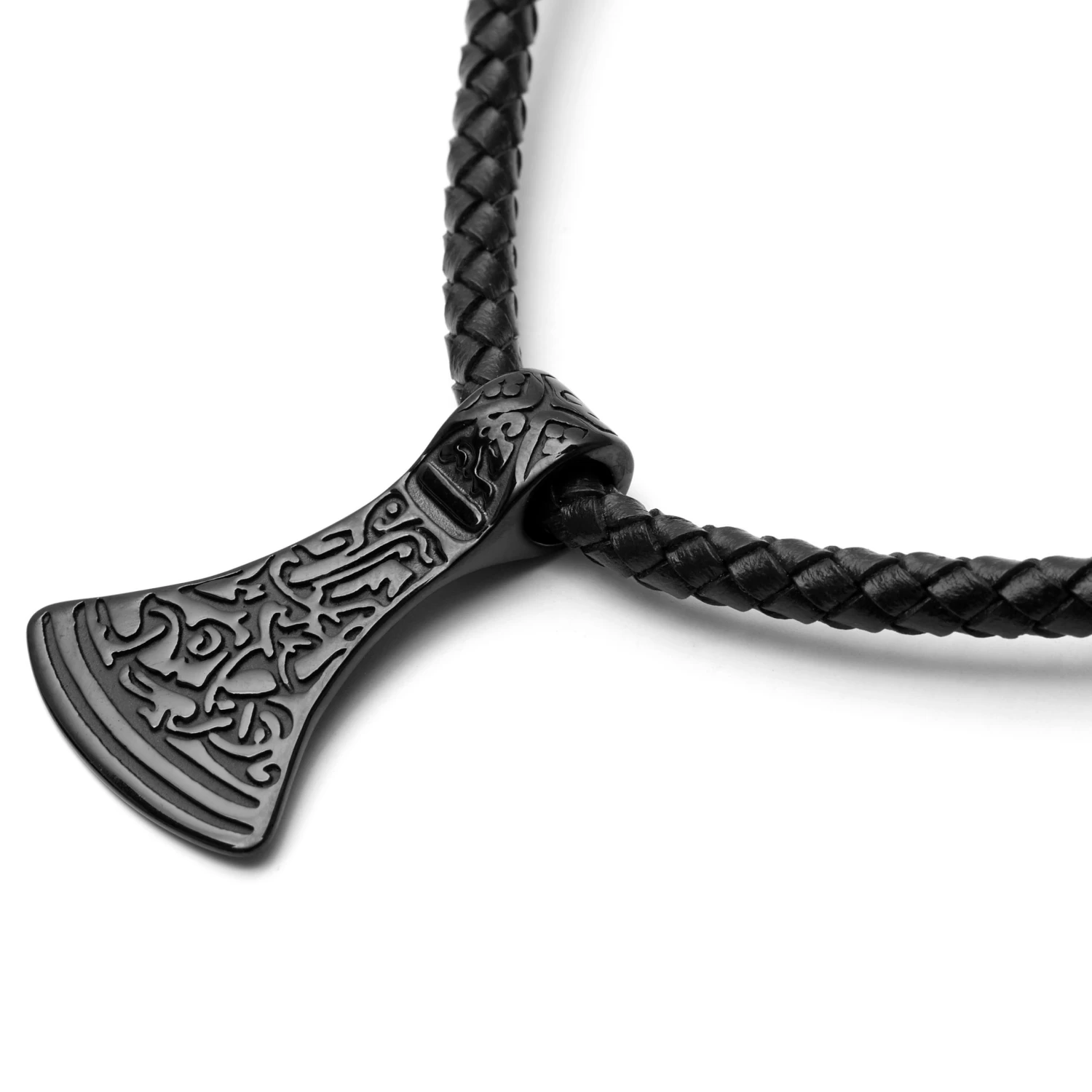 Black Leather With Black Stainless Steel Norse Axe Necklace - Image 2