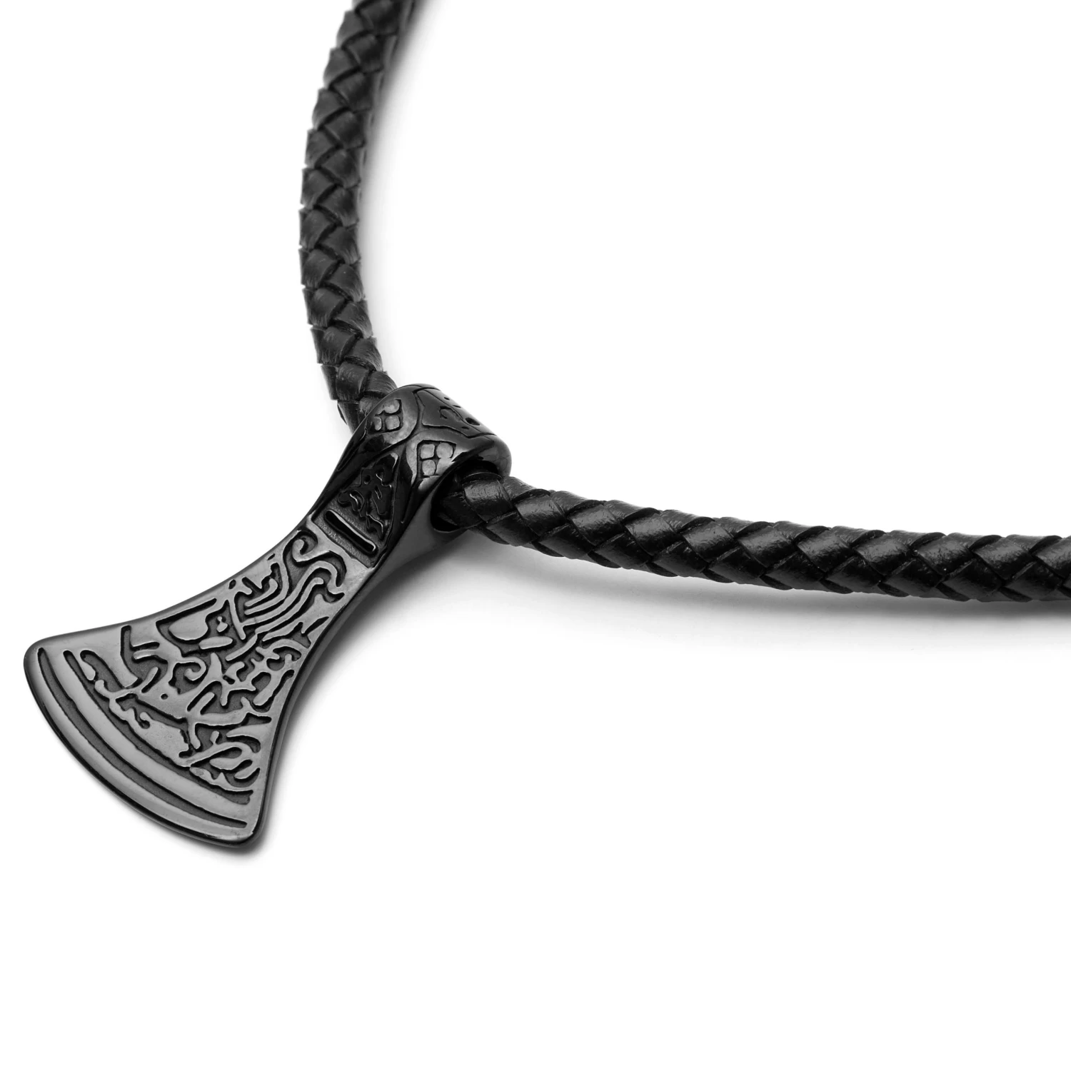 Black Leather With Black Stainless Steel Norse Axe Necklace - Image 5