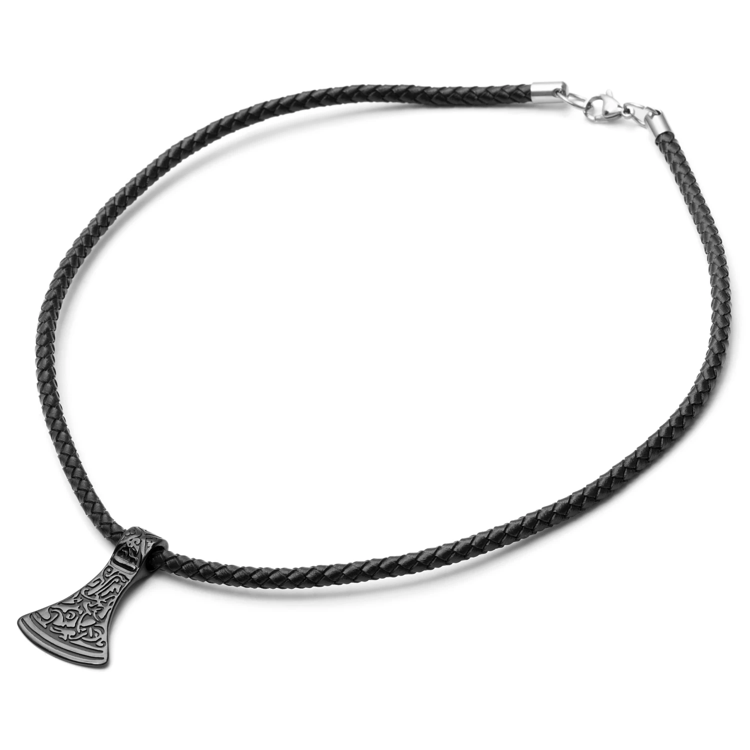 Black Leather With Black Stainless Steel Norse Axe Necklace - Image 6