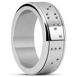Enthumema | 1/3" (8 Mm) Silver-tone Stainless Steel Braille ‘Exhale’ Fidget Ring
