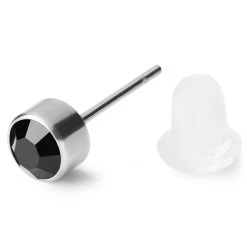 4 Mm Black Round Zirconia & Silver-Tone Stainless Steel Stud Earring