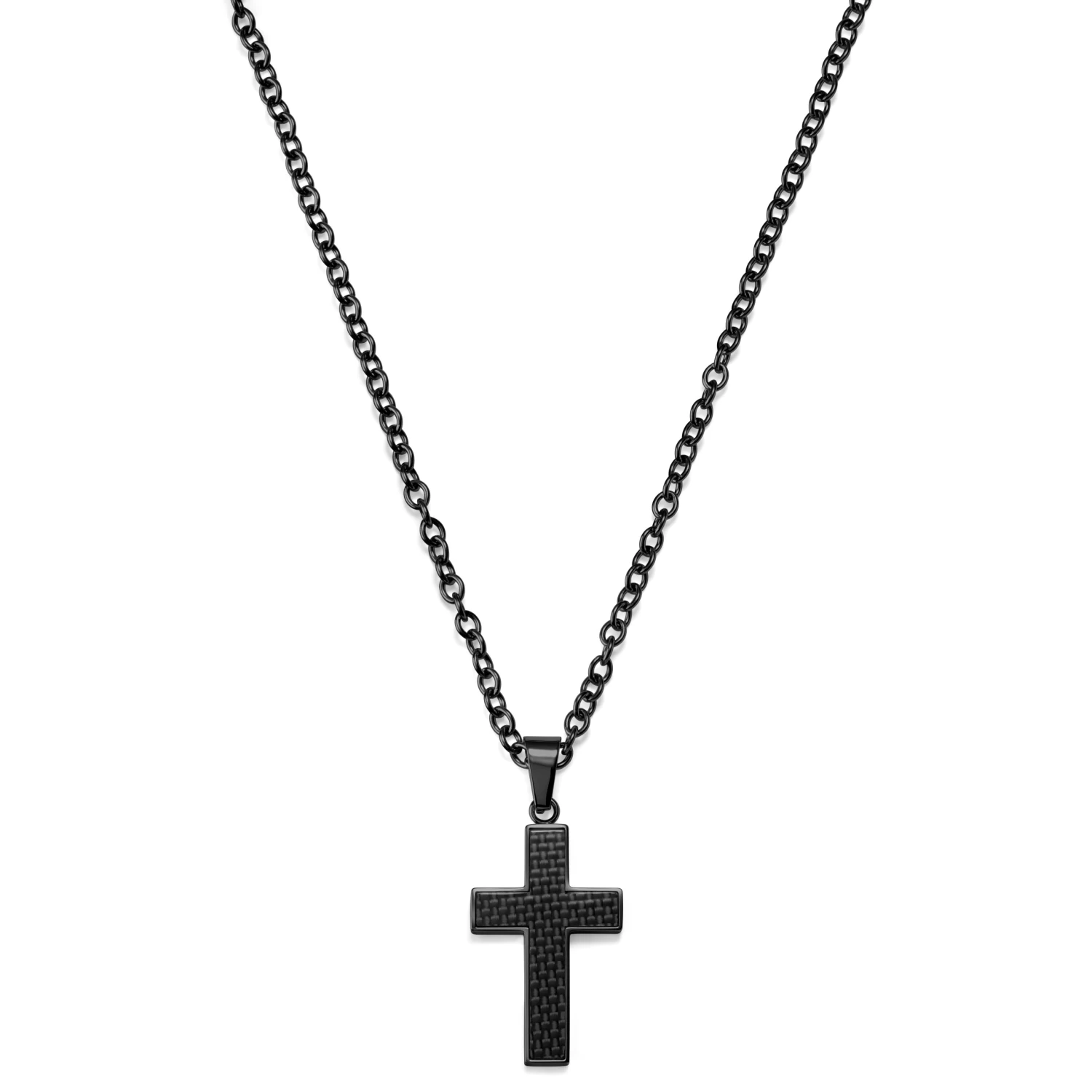 Gunmetal Stainless Steel & Black Carbon Fibre Inlay Cross Cable Chain Necklace - Image 3
