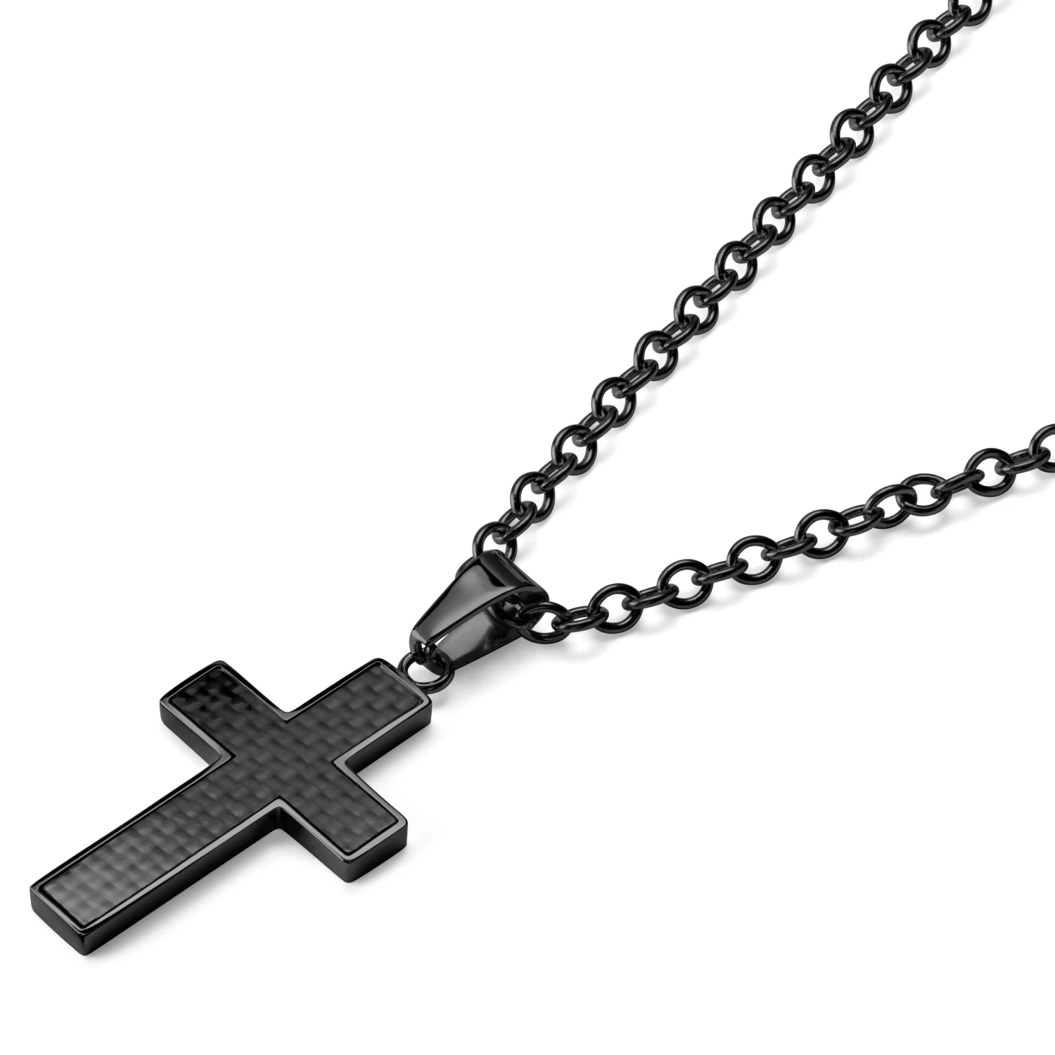 Gunmetal Stainless Steel & Black Carbon Fibre Inlay Cross Cable Chain Necklace - Image 2