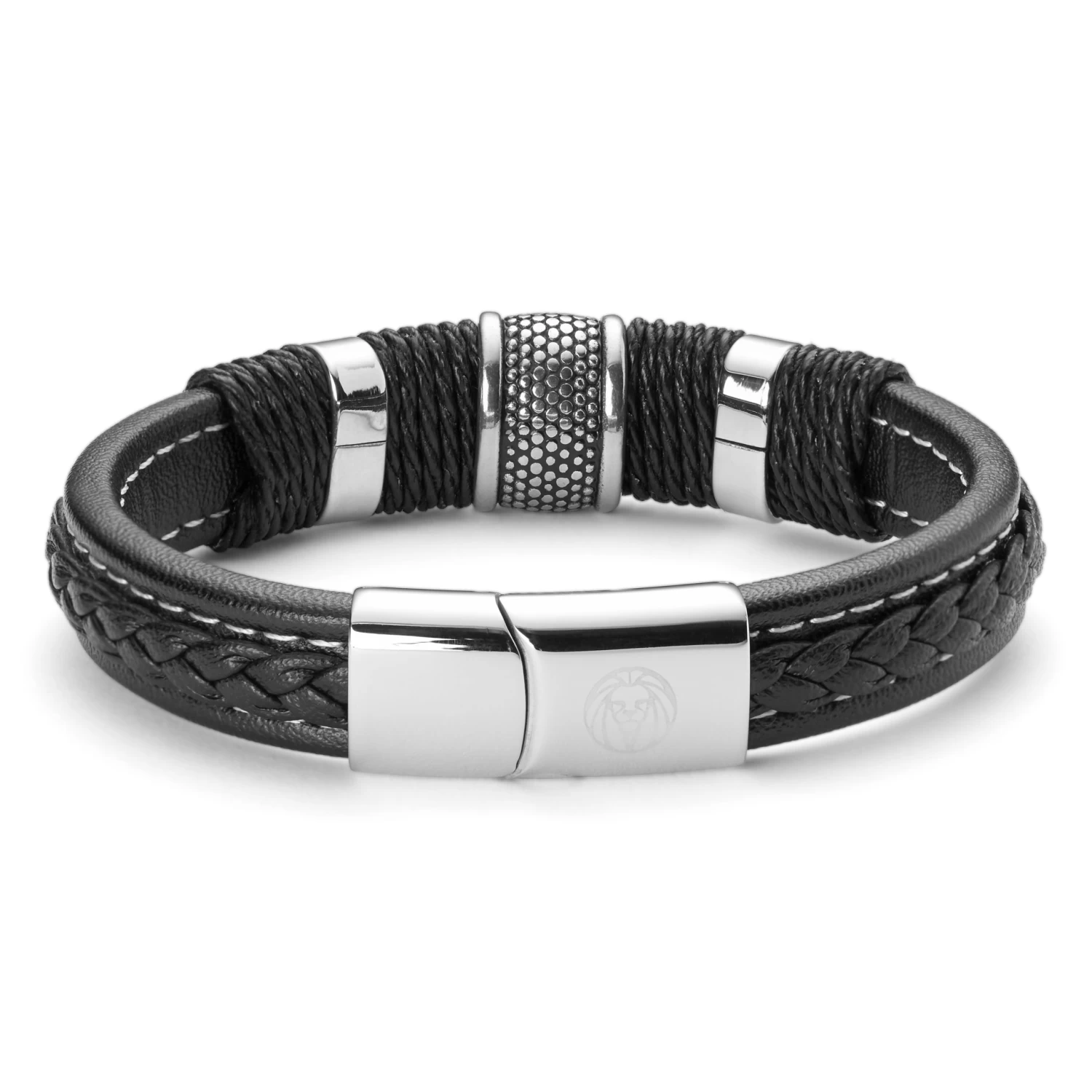 Icon | Black Leather & Silver-Tone Stainless Steel Bracelet - Image 2