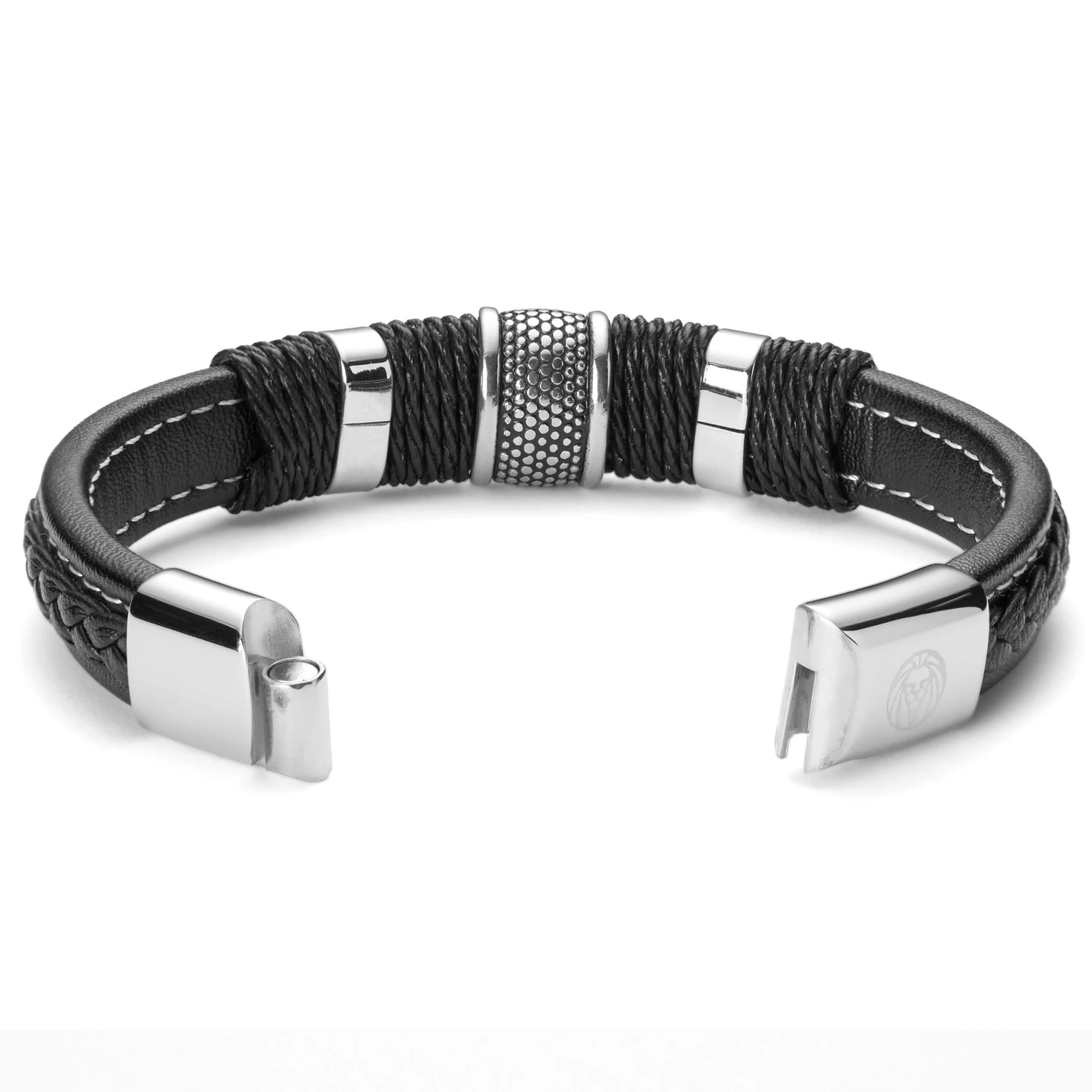 Icon | Black Leather & Silver-Tone Stainless Steel Bracelet - Image 6