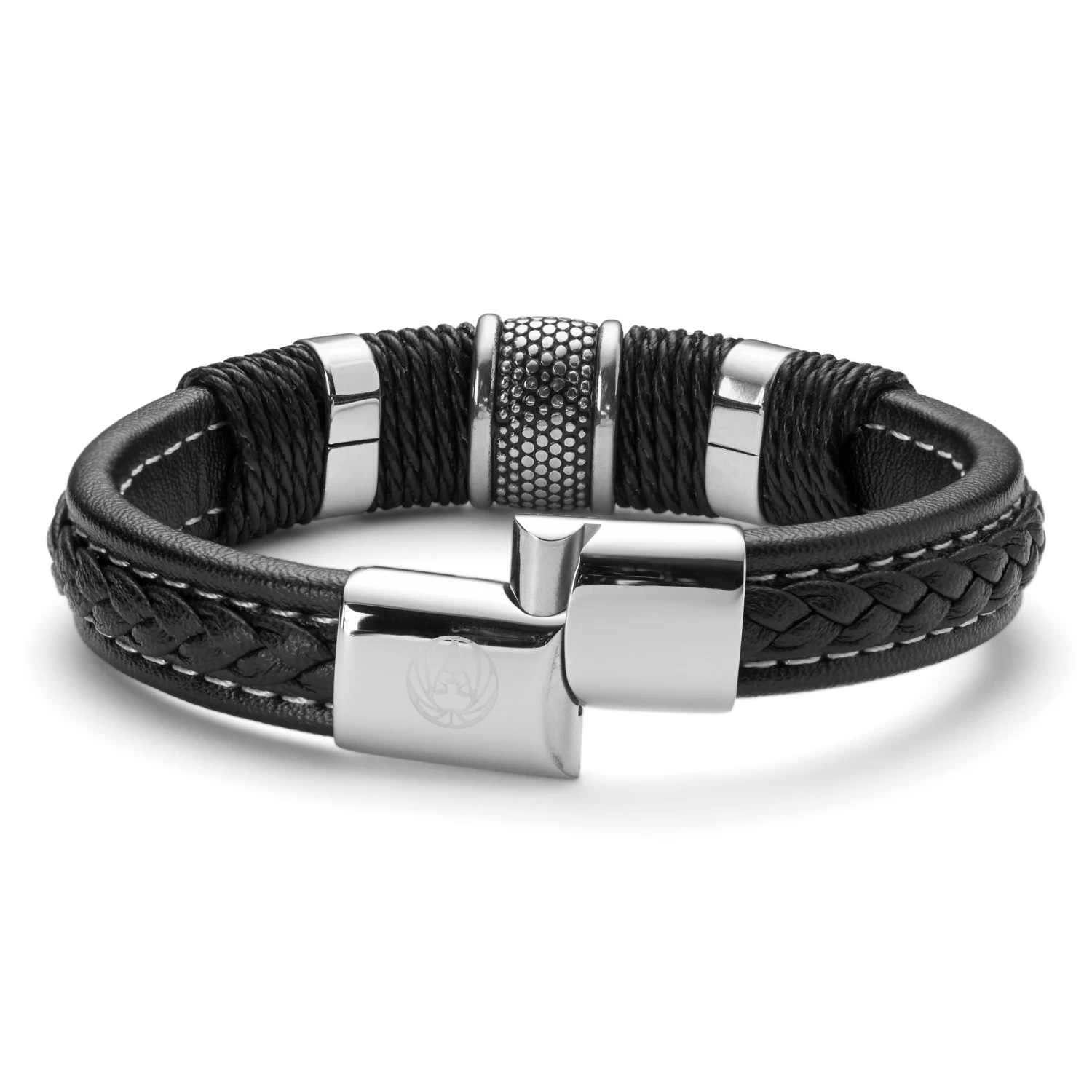 Icon | Black Leather & Silver-Tone Stainless Steel Bracelet - Image 7
