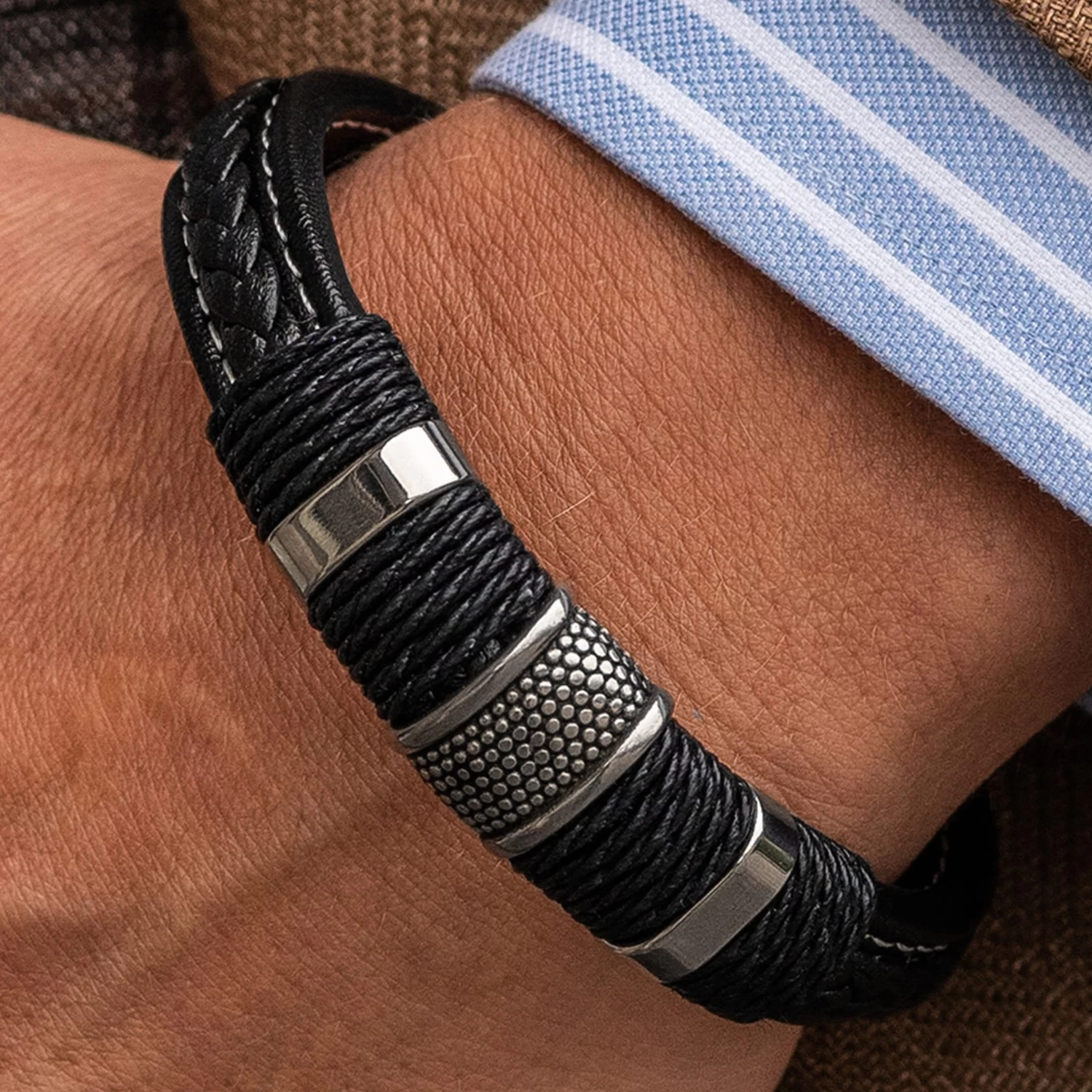 Icon | Black Leather & Silver-Tone Stainless Steel Bracelet - Image 8