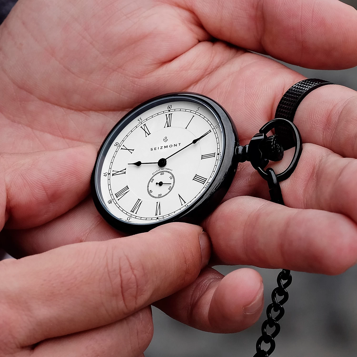 Time Keeper | Black Stainless Steel Pocket Watch With White Dial - Image 4