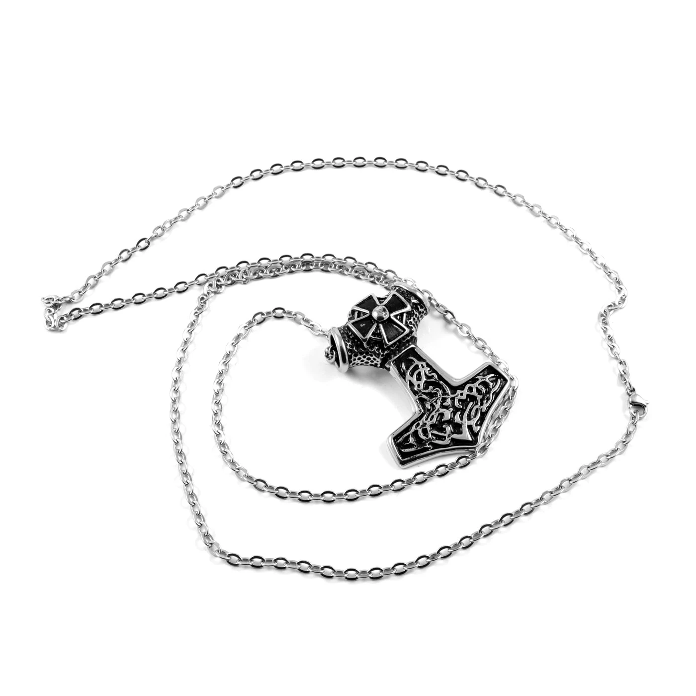 Silver-Tone Stainless Steel XL Thor's Hammer & Cross Cable Chain Necklace - Image 2