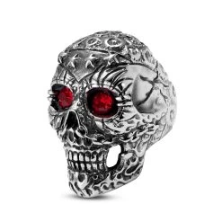 Silver-Tone Stainless Steel With Day Of The Dead Skull & Red Zirconia Ring