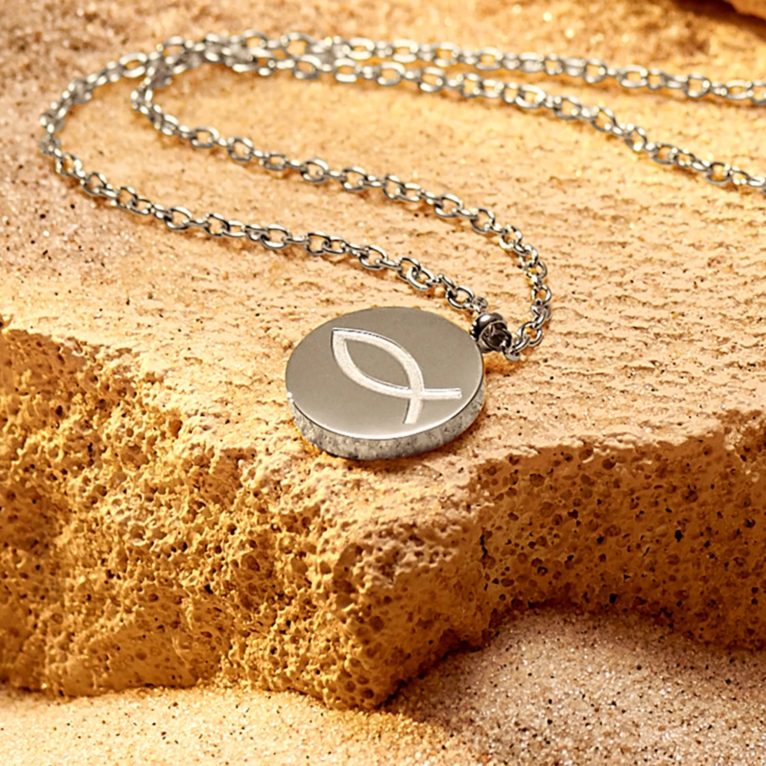 Unity | Silver-tone Stainless Steel Ichthus Circle Necklace - Image 8