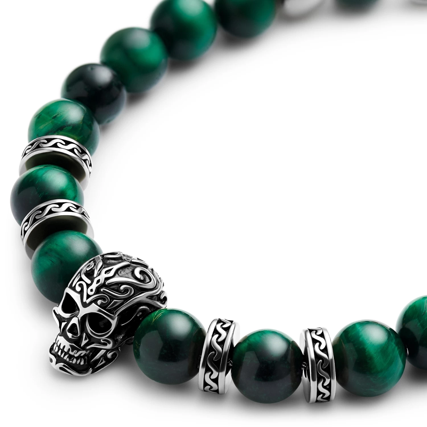 Rico | Green Tiger’s Eye & Silver-Tone Stainless Steel Skull Bracelet - Image 2