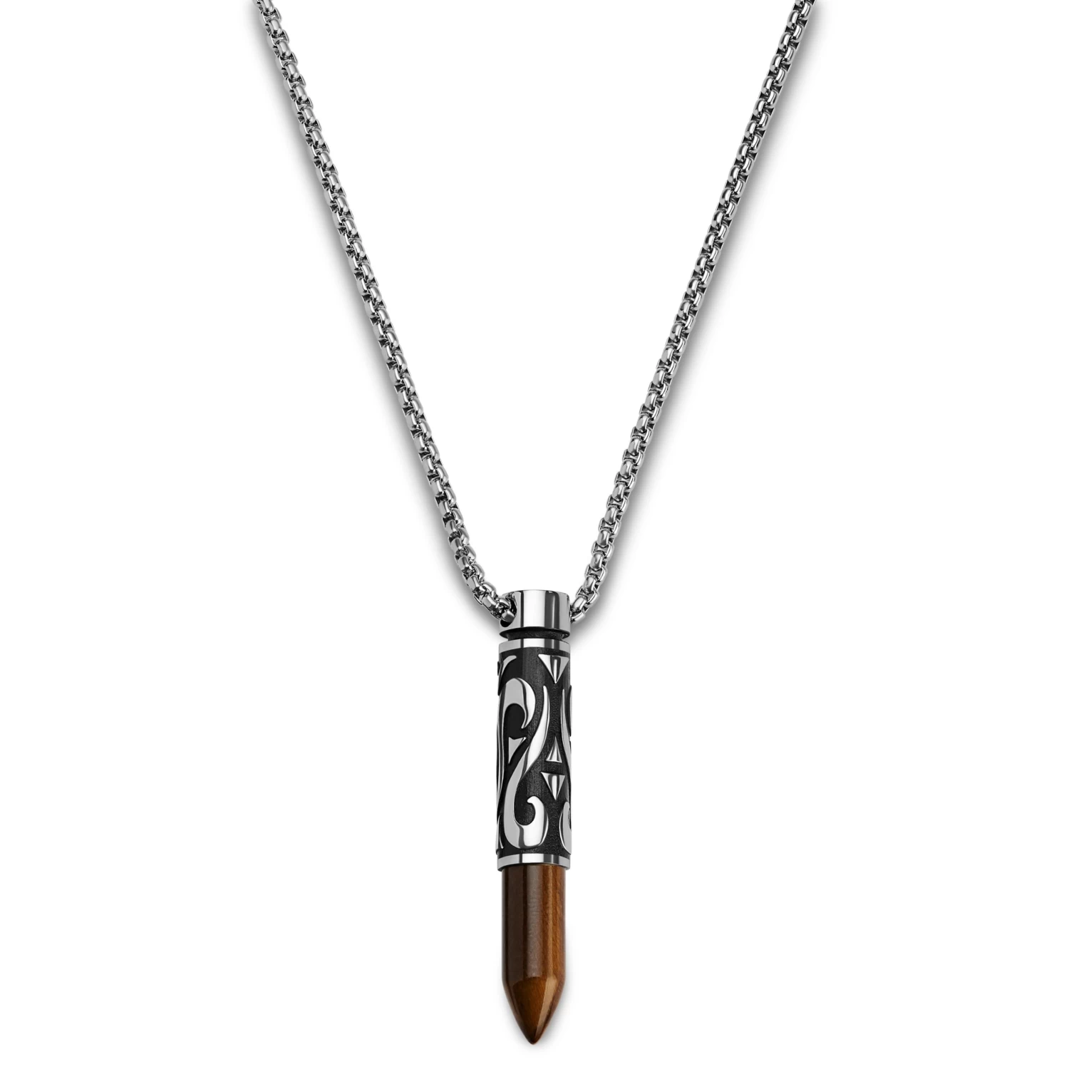 Rico | Silver-tone Stainless Steel & Yellow Tiger's Eye Bullet Necklace - Image 2
