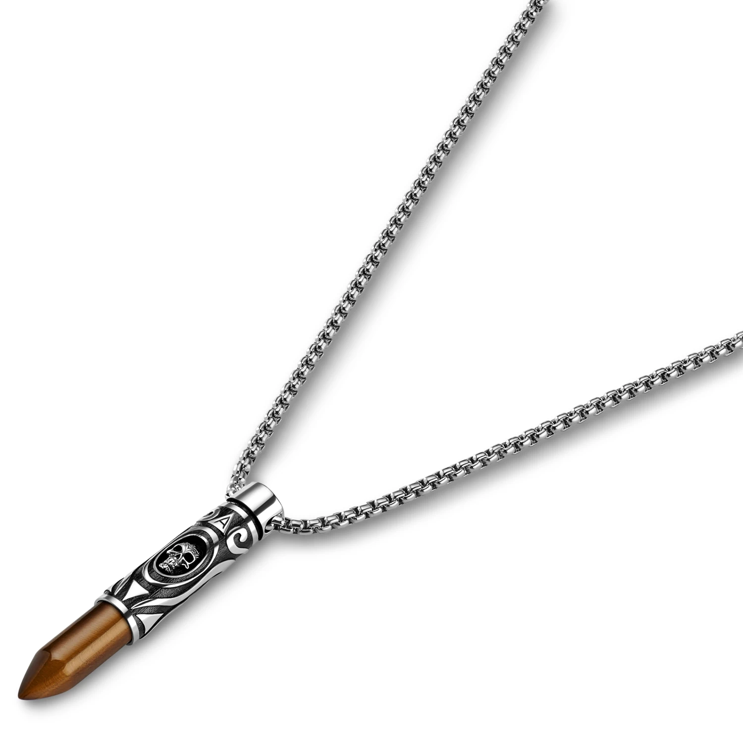 Rico | Silver-tone Stainless Steel & Yellow Tiger's Eye Bullet Necklace - Image 3