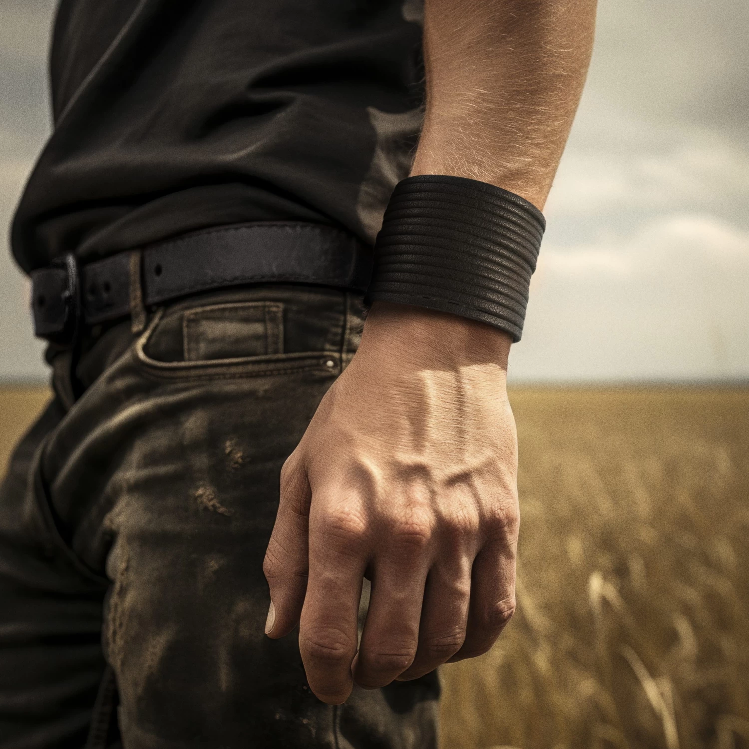 Gladius | Black Cut Full Grain Buffalo Leather Bracelet - Image 2