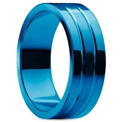 Ferrum | 8 Mm Brushed & Polished Blue Stainless Steel Double Grooved Ring