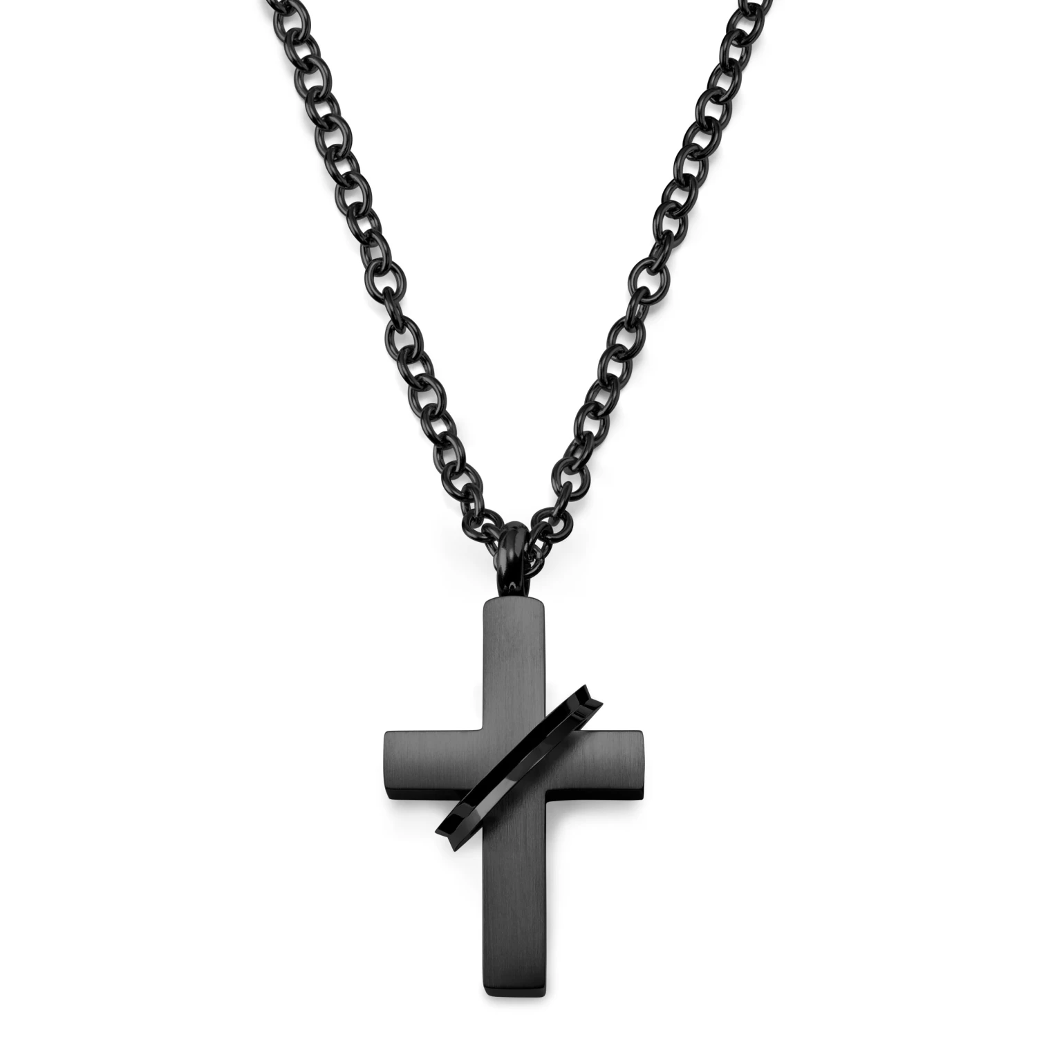 Black Stainless Steel With Cross & Ring Cable Chain Necklace