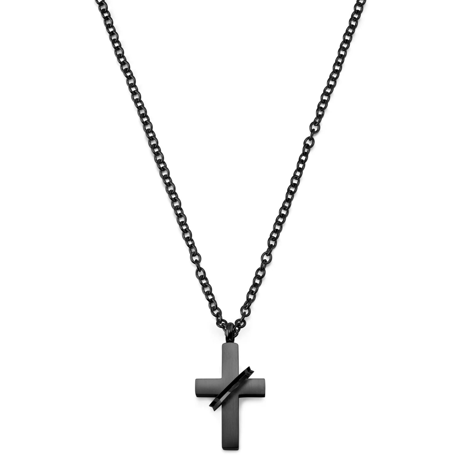 Black Stainless Steel With Cross & Ring Cable Chain Necklace - Image 3