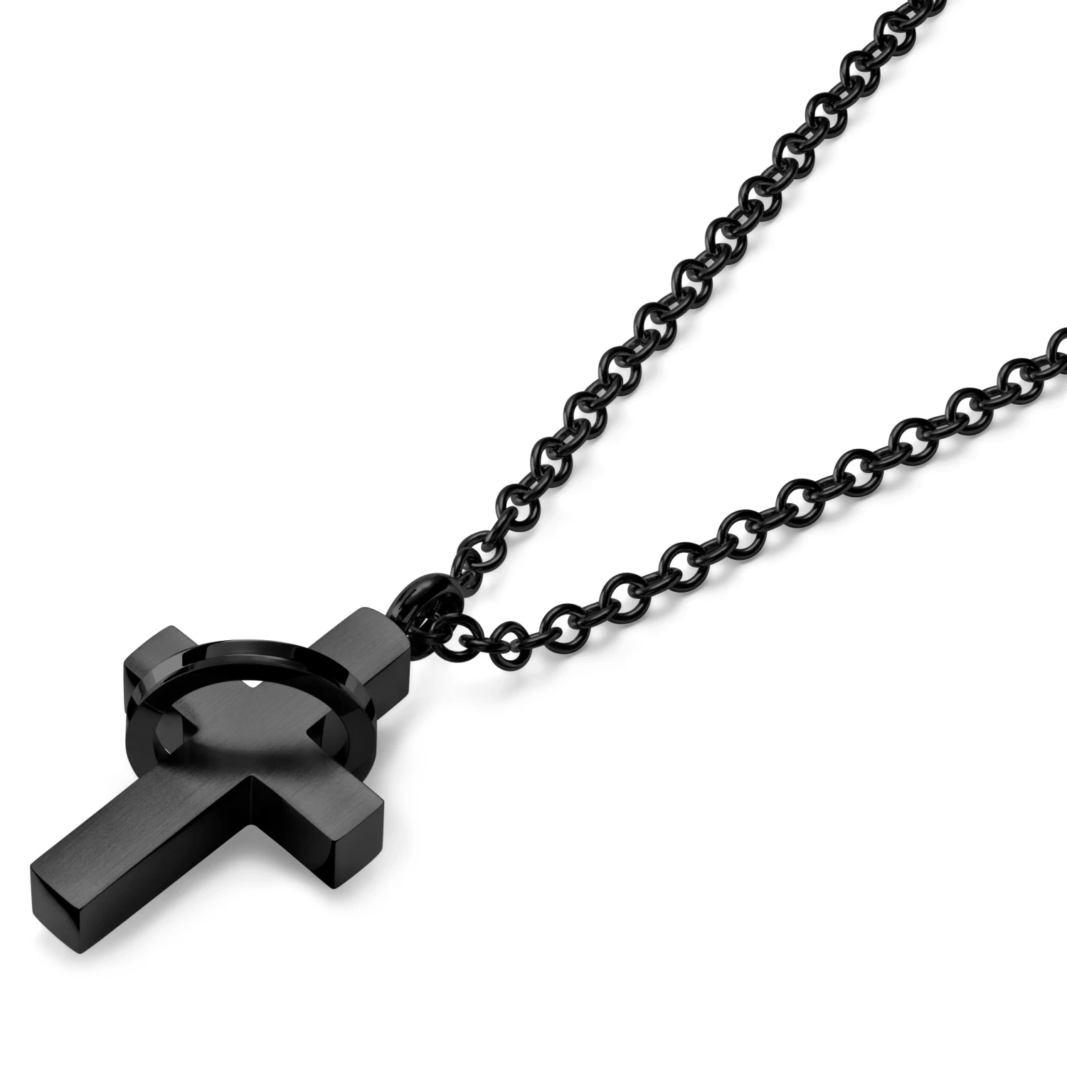 Black Stainless Steel With Cross & Ring Cable Chain Necklace - Image 2