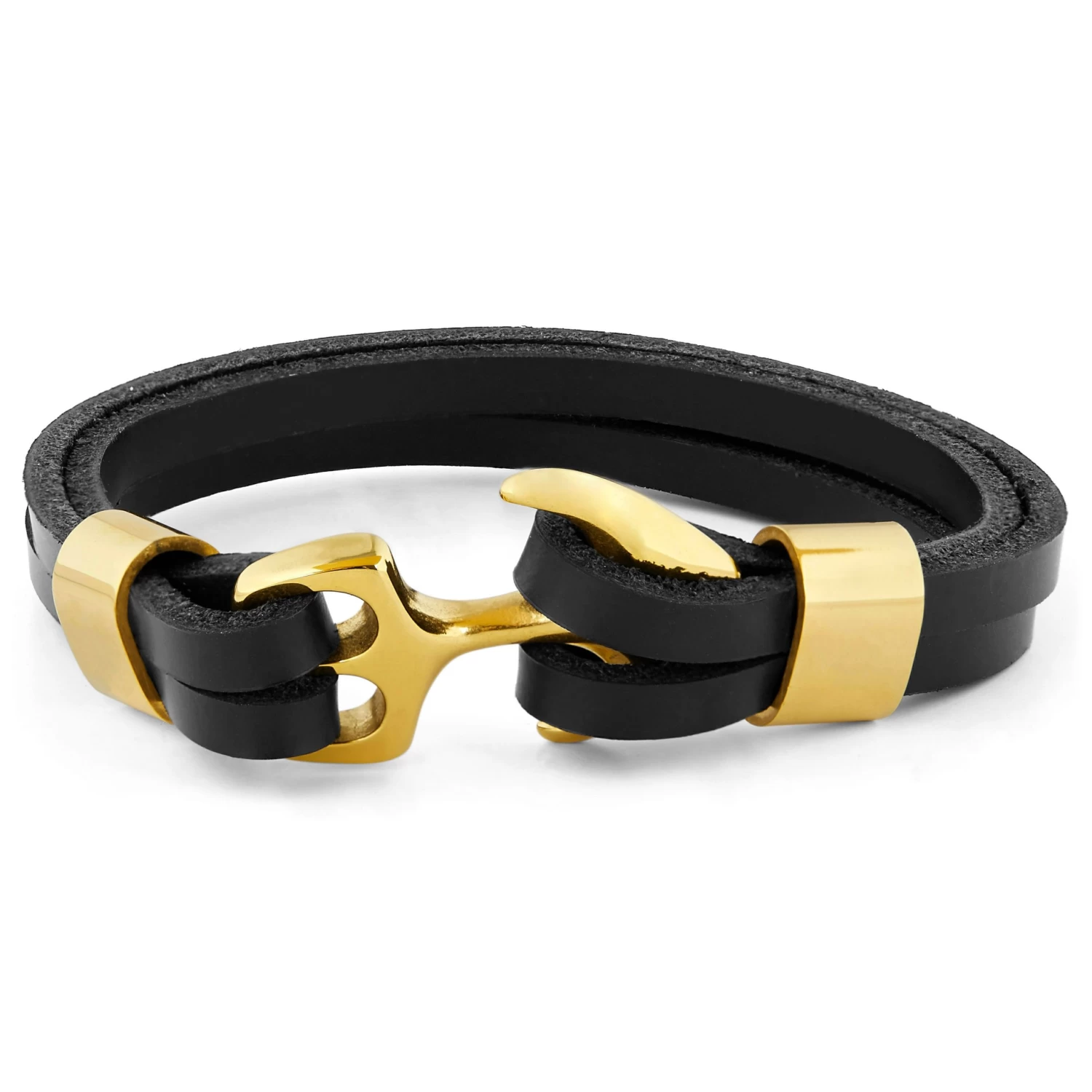 Black Leather & Gold-Tone Anchor Clasp Bracelet - Image 2