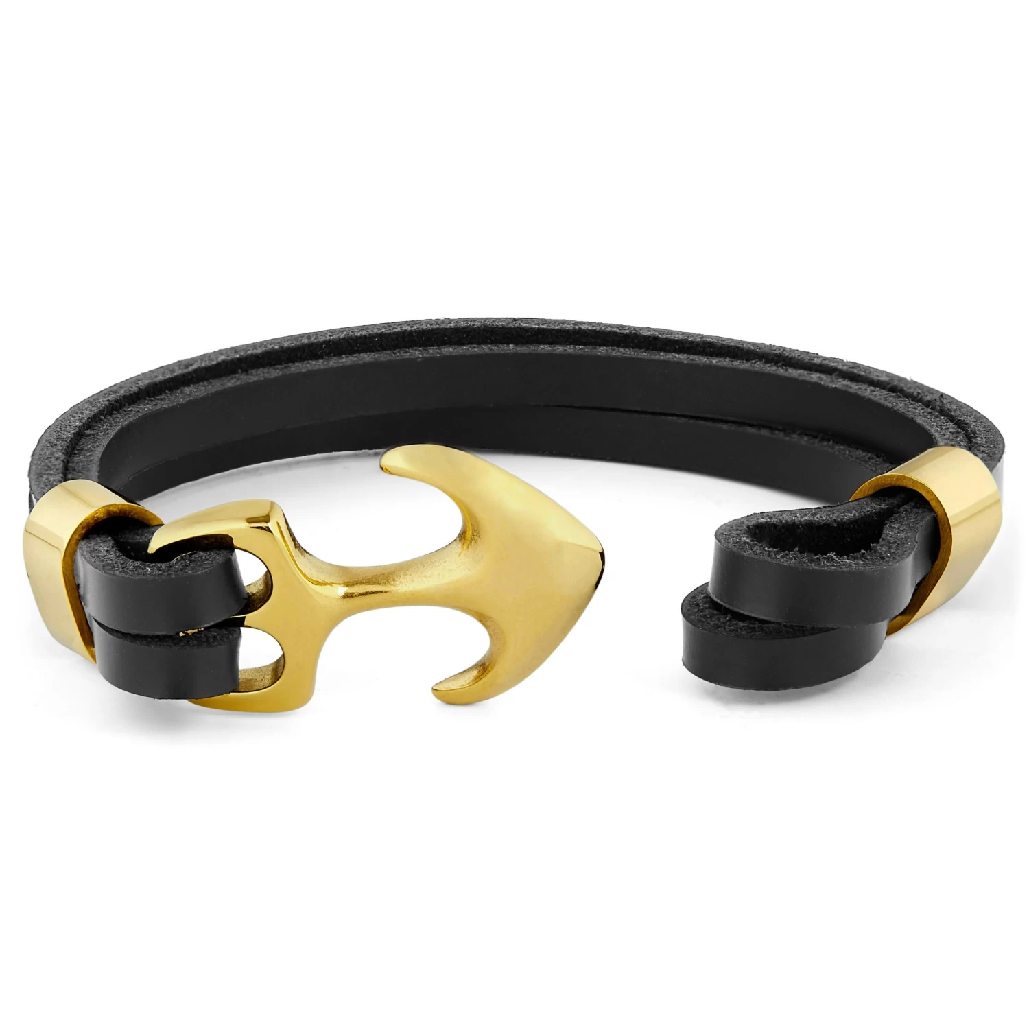 Black Leather & Gold-Tone Anchor Clasp Bracelet - Image 3