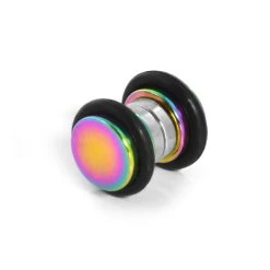 6 Mm Rainbow Stainless Steel & Black Rubber Magnetic Earring