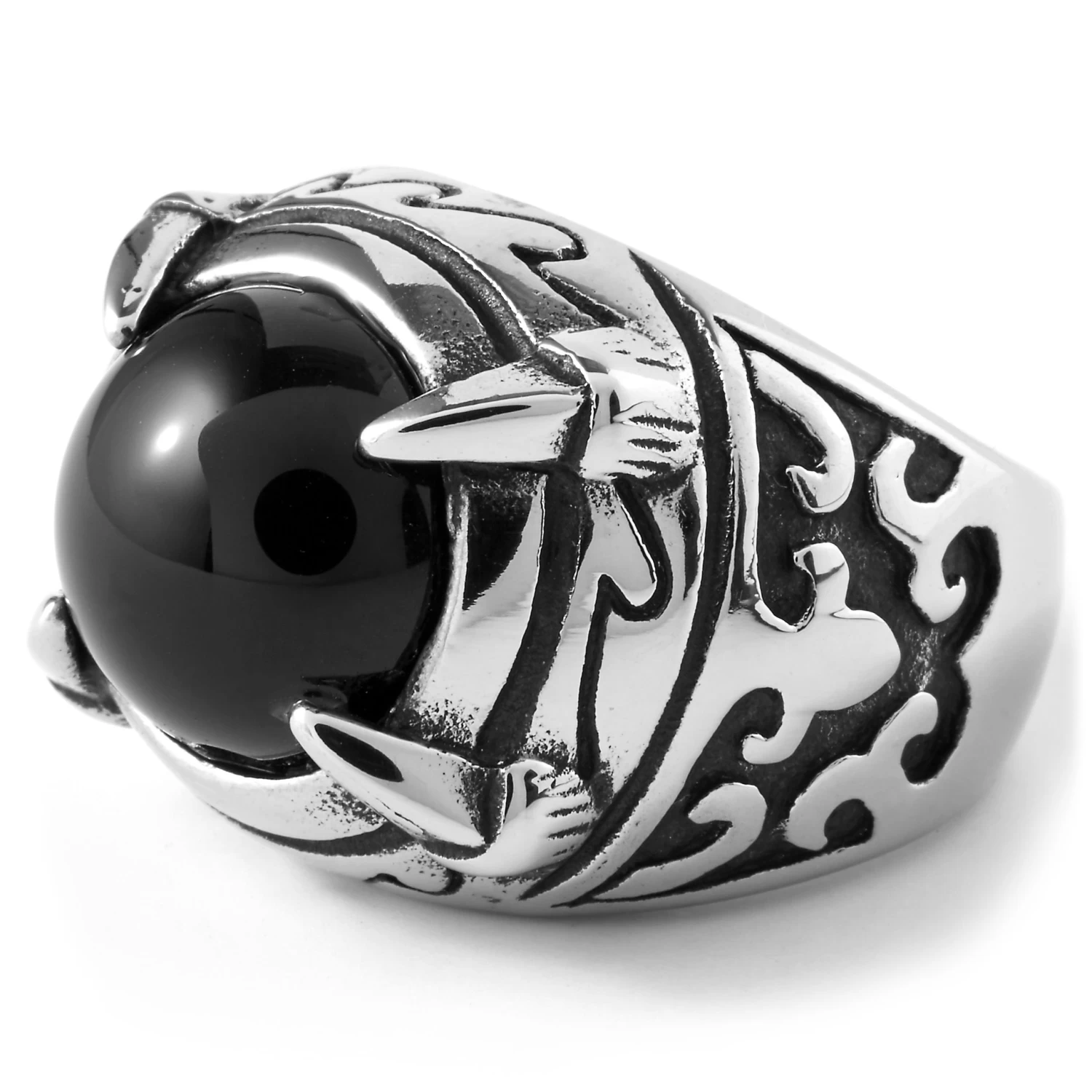 Silver-Tone & Black Onyx Orb Ring
