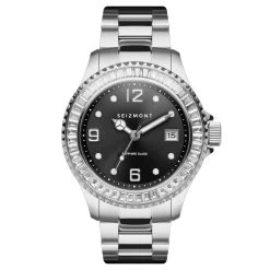 Tide | Silver-Tone Stainless Steel Watch With Black Dial & Clear Jewelled Bezel