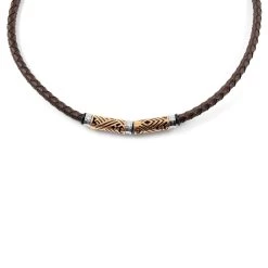 Brown Leather With Rose Gold-Tone Clasps Braided Necklace