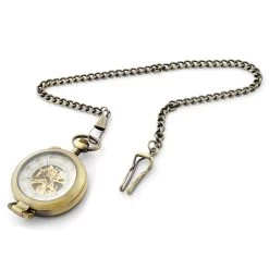 Gold-Tone Skeleton Pocket Watch With Gold-Tone Movement & Gold-Tone Cable Chain