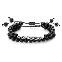 Black Onyx And Hematite Bead Bracelet Set With Chain Detail