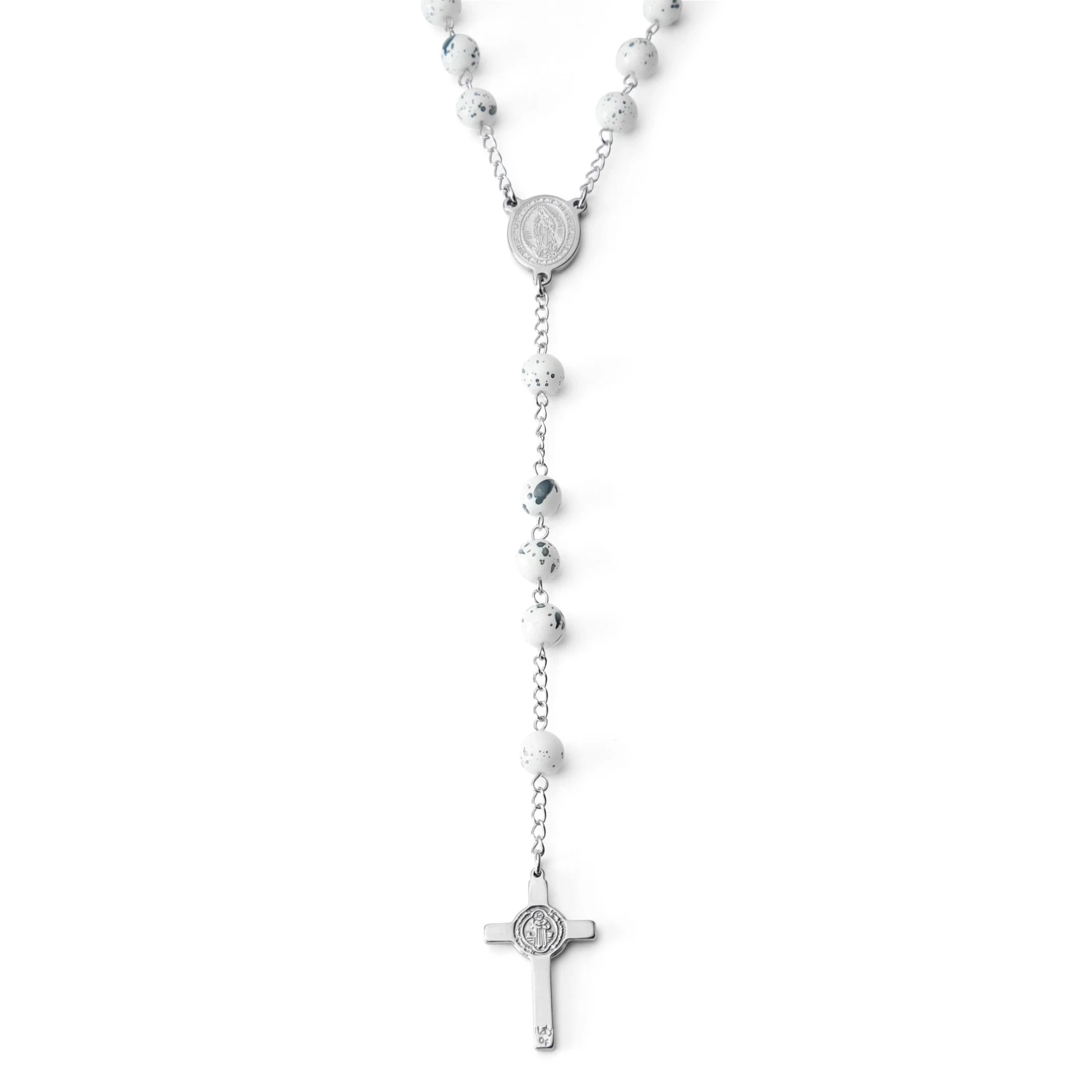Silver-Tone & White Rosary With Silver-Tone Our Lady Of Guadalupe & Cross Beads Necklace - Image 3