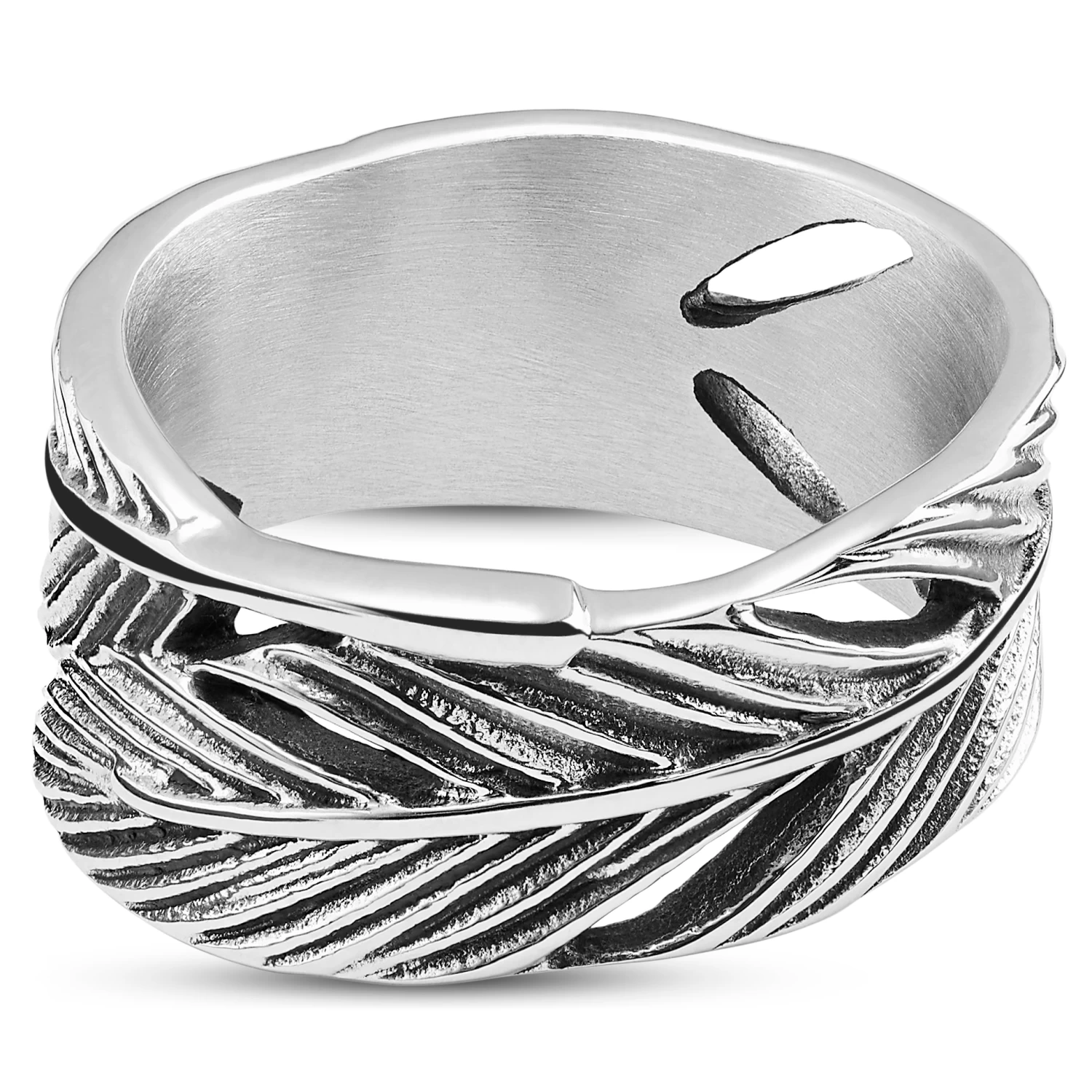 12 Mm Silver-Tone Stainless Steel Feather Pattern Ring - Image 5