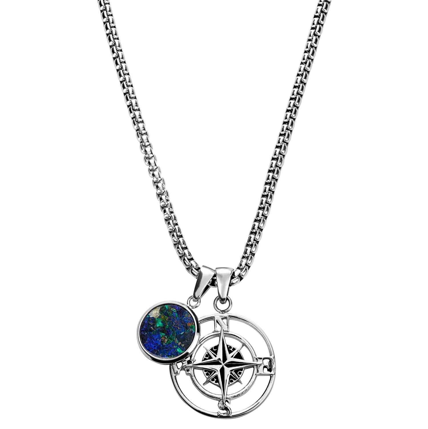 Atlas | Silver-tone Compass And Azurmalachite Pendant Necklace
