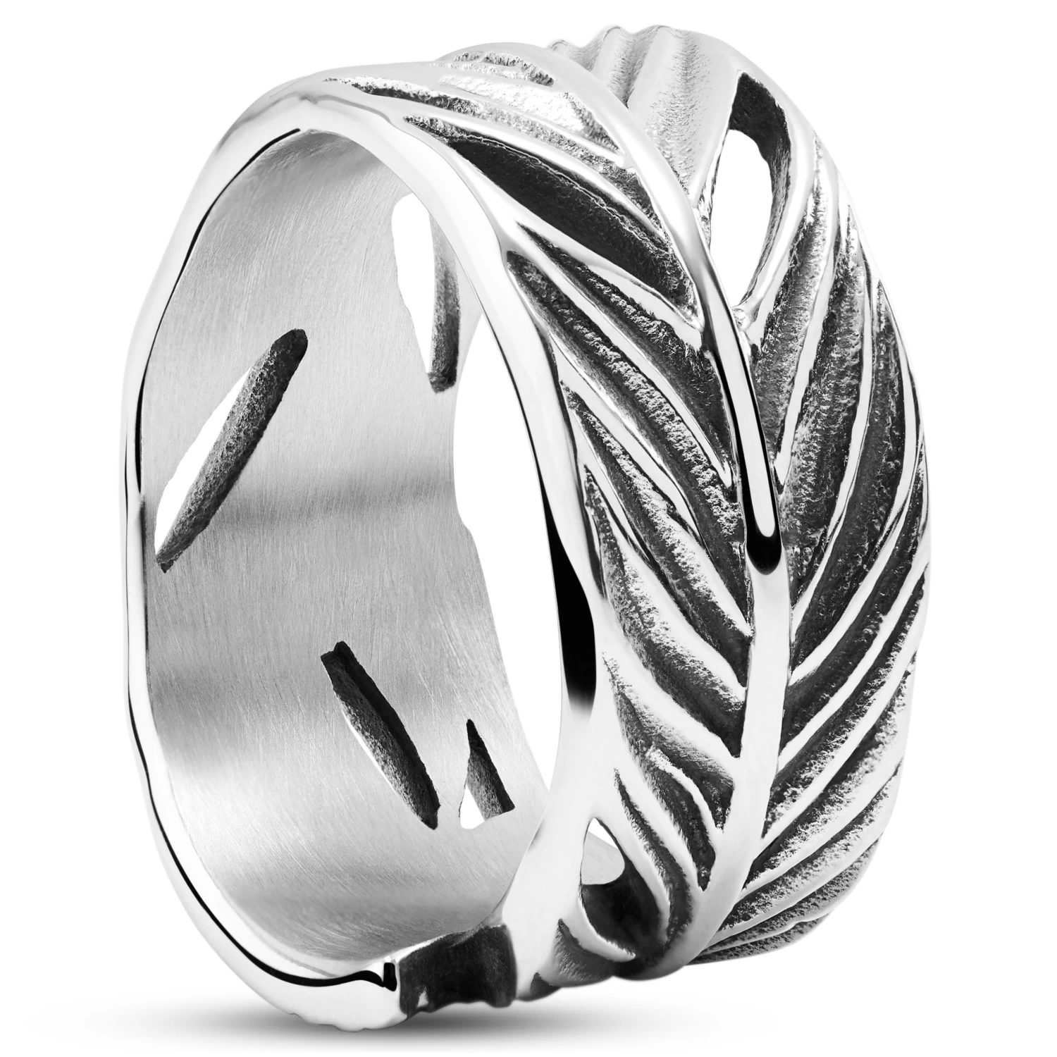 12 Mm Silver-Tone Stainless Steel Feather Pattern Ring